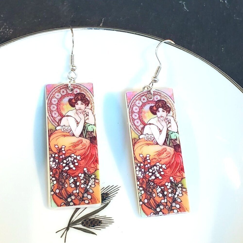 Art Nouveau Alfonse Mucha Painting Lucite Acrylic Rectangle Pendant Earrings - Picture 2 of 6